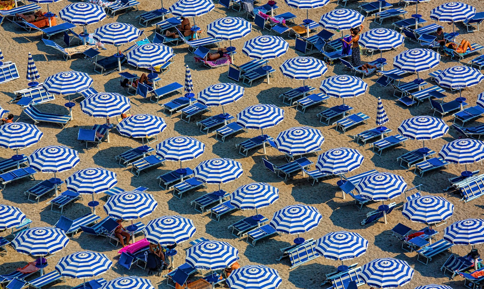 Rows of blue and white striped umbrellas on a packed beach, seen from above
