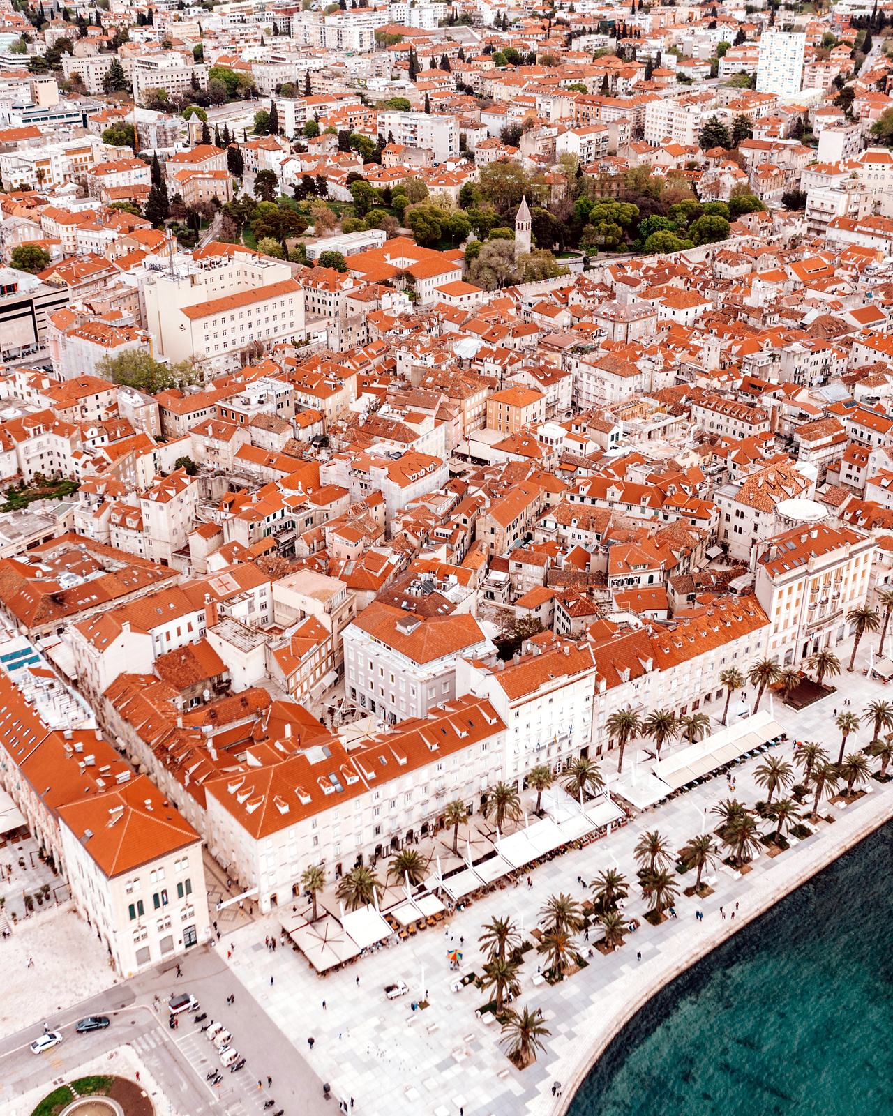 The roofs of Split's old town and the Riva from above
